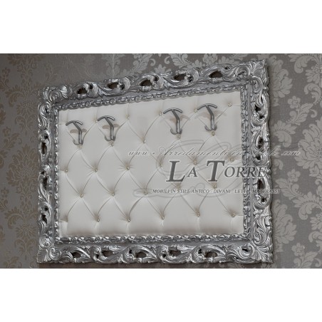 Baroque wall coat hanger Silver white faux leather Swarovski