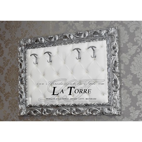 Baroque wall coat hanger Silver white faux leather Swarovski