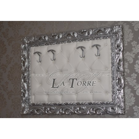 Baroque wall coat hanger Silver white faux leather Swarovski