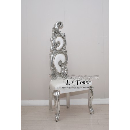 Poltrona trono barocco sedia fiamma h145 argento ecopelle bianca AR6970