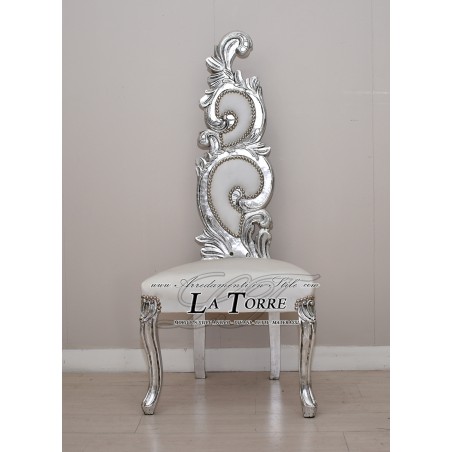 Poltrona trono barocco sedia fiamma h145 argento ecopelle bianca AR6970