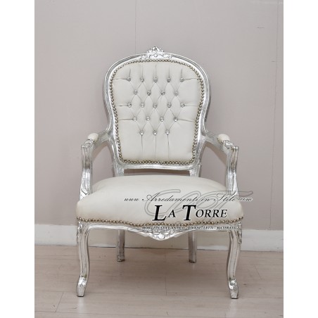 Poltrona futè sedia braccioli Luigi XV argento ecopelle bianca barocco AR1114