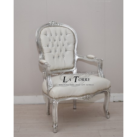 Poltrona futè sedia braccioli Luigi XV argento ecopelle bianca barocco AR1114