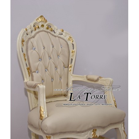 Sedia Poltrona Still Luigi XV Barocco Impero avorio oro ecopelle AL2729