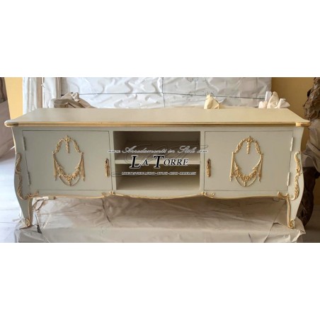 Niedriger TV-Ständer im Barockstil, Sideboard in Elfenbein und Gold, B 160 cm, K 128