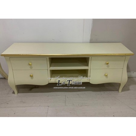 Niedriger TV-Ständer aus Massivholz im Barockstil, Sideboard in Elfenbein und Gold, B 150 cm, K 129
