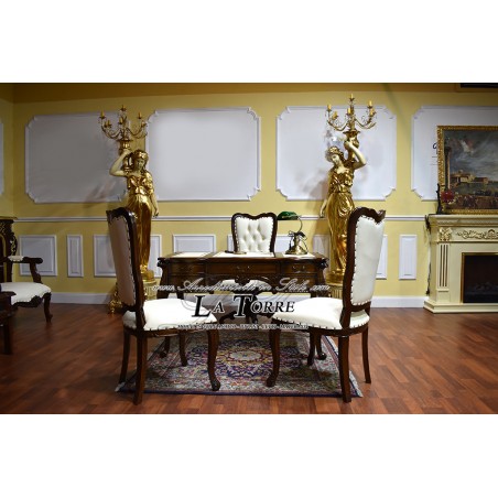 Dana Schreibtisch, Chippendale-Stil, Ministerialschreibtisch, 130 cm, Nussbaum, champagnerfarbenes Öko-Leder Na23