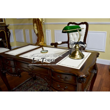 Scrivania Dana stile chippendale scrittoio ministeriale presidenziale cm 130 noce ecopelle champagne Na23