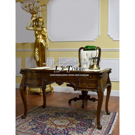 Scrivania Dana stile chippendale scrittoio ministeriale presidenziale cm 130 noce ecopelle champagne Na23
