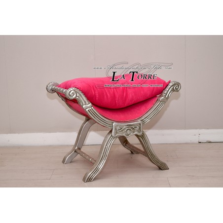 Savonarola Bank Louis XV Hocker Silber Fuchsia Samt Ar1561