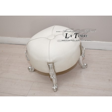 Eneas runder Pouf im Louis-XV-Barockstil, silberblattweißes Öko-Leder AL6064