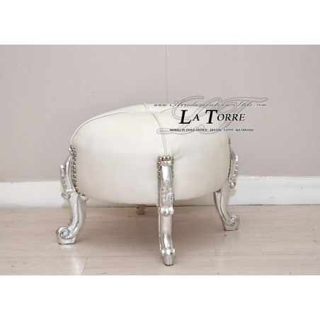 Pouf Eneas rotondo Luigi XV stile barocco foglia argento ecopelle bianco AL6064