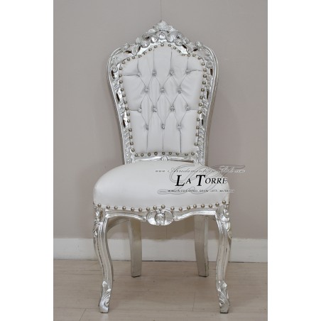 Sedia Poltrona Barocco still LUIGI XV LEGNO argento ecopelle bianca AL1826