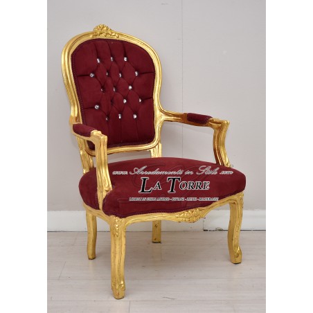 Poltrona futè sedia braccioli Luigi XV oro vellutino bordeaux barocco AR1114