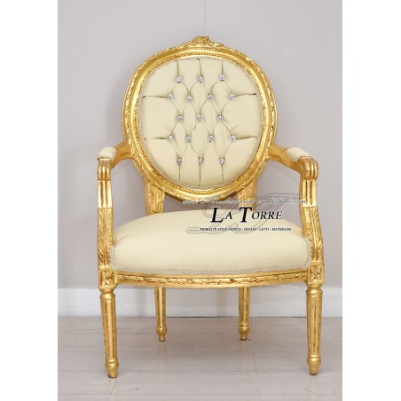 Poltrona Cordelia barocco braccioli sedia Luigi XV tessuto ecopelle avorio Swarovski Ar5457