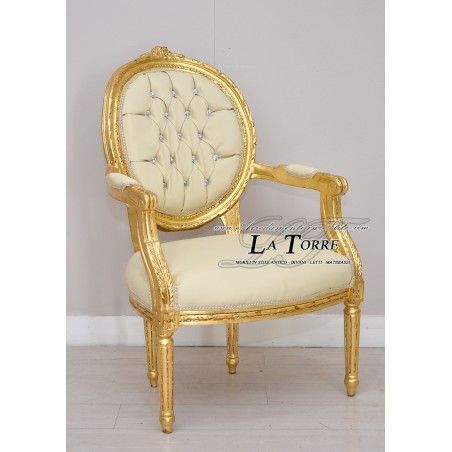 Baroque Cordelia armchair with armrests Louis XV chair in ivory faux leather fabric Swarovski Ar5457