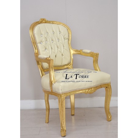 Louis XV Goldbarock Champagner Kunstleder Futè Sessel mit Armlehnen AR1114