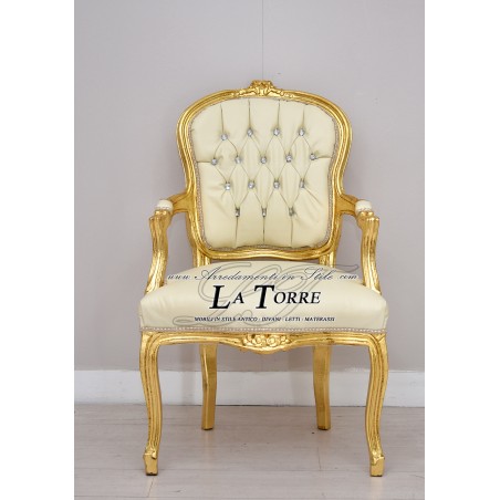 Louis XV Goldbarock Champagner Kunstleder Futè Sessel mit Armlehnen AR1114