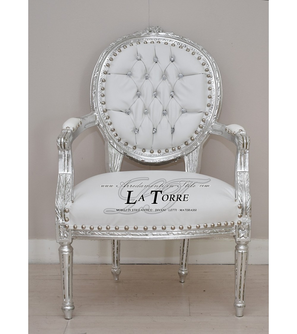 Poltrona Cordelia barocco braccioli sedia Luigi XV tessuto ecopelle bianco Swaro 