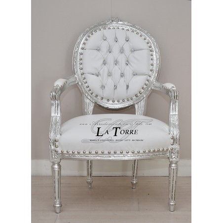 Baroque Cordelia armchair with armrests Louis XV chair in white Swarovski Ar5457 eco-leather fabric
