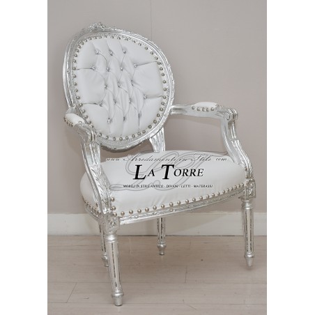 Poltrona Cordelia barocco braccioli sedia Luigi XV tessuto ecopelle bianco Swarovski Ar5457