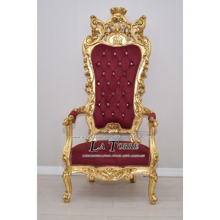 Chair Armchair Throne Baroque gold leaf burgundy velvet fabric MA1317