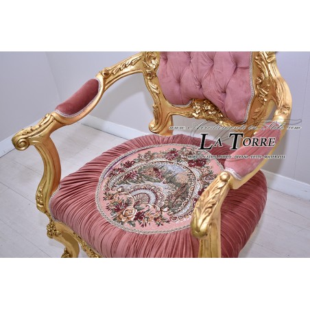 Chair Armchair Throne Baroque gold antique pink velvet fabric MA1317