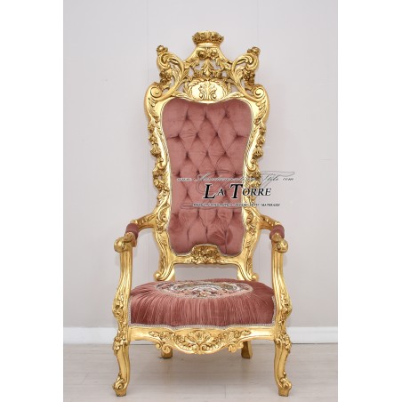 Chair Armchair Throne Baroque gold antique pink velvet fabric MA1317