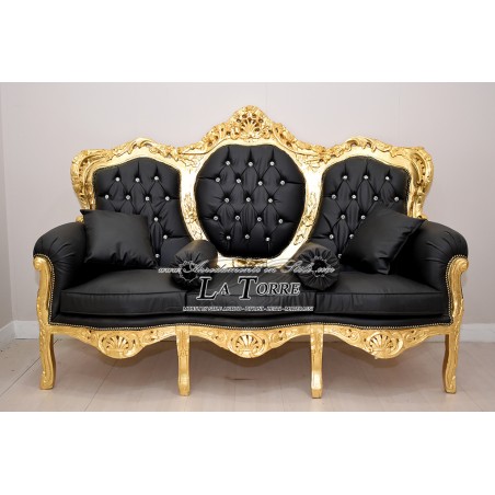 Divano 3 posti poltrona Germany Salotto Foglia Oro Barocco legno massello ecopelle nero MA0508