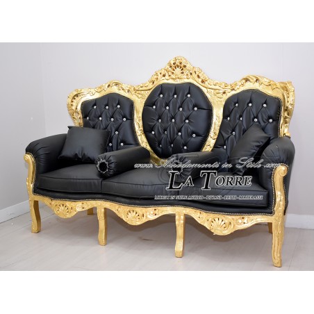 Divano 3 posti poltrona Germany Salotto Foglia Oro Barocco legno massello ecopelle nero MA0508