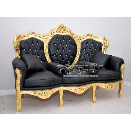 3-Sitzer-Sofa-Sessel Deutschland Wohnzimmer Barock Blattgold Massivholz schwarzes Öko-Leder MA0508