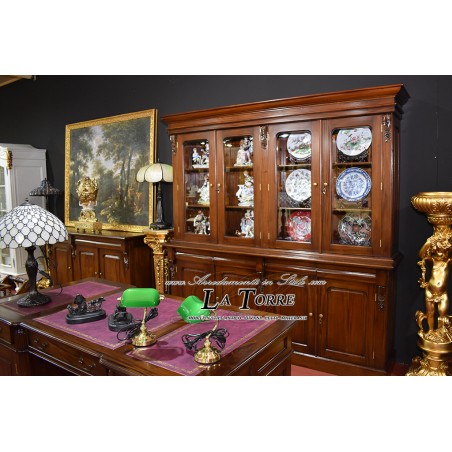 Libreria Annette Stile Vittoriano Inglese Vetrina Cristalliera Credenza Ministeriale Presidenziale Noce 8 Porte 4 Cassetti Na04