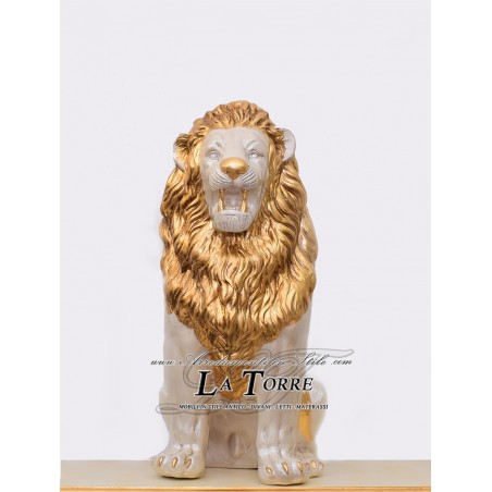Animali in ceramica statua scultura Leone bocca aperta bianco perlato criniera oro swarovski H90cm PR14