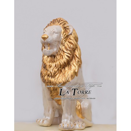 Animali in ceramica statua scultura Leone bocca aperta bianco perlato criniera oro swarovski H90cm PR14