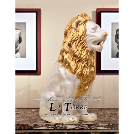 Lion sculpture ceramic statue open mouth pearl white leaf gold swarovski details 85 cm