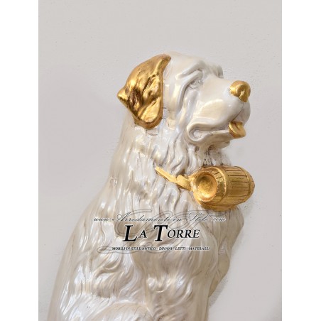 Keramik-Tierstatue, Bernhardiner, perlweiß und goldfarben mit Swarovski-Kristallen, Höhe 70 cm, PR12