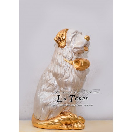 Keramik-Tierstatue, Bernhardiner, perlweiß und goldfarben mit Swarovski-Kristallen, Höhe 70 cm, PR12