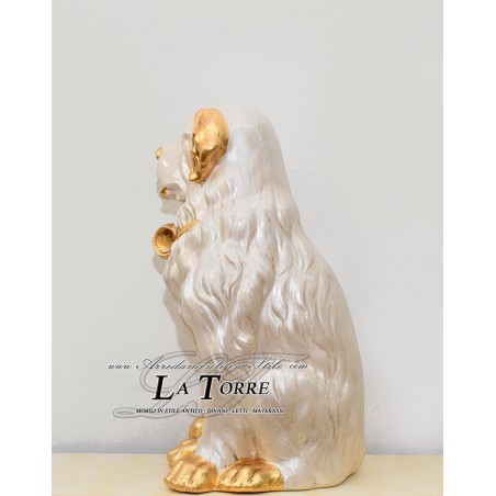 Ceramic statue sculpture Dog open mouth Dog white gold swarovski leaf 70 cm
