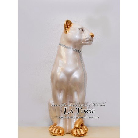 Ceramic statue sculpture Lioness closed mouth Lion white pearl gold with swarovski 90 cm
