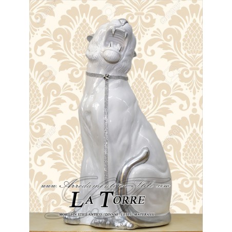 Keramik-Tierstatue, Tiger mit offenem Maul, weiß-silbernes Swarovski-Silber, H 90 cm, PR10
