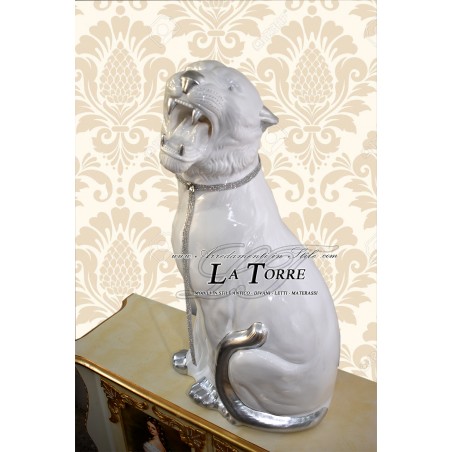 Ceramic statue sculpture Tiger open mouth Tiger white silver swarovski 90 cm