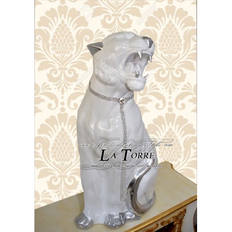 Keramik-Tierstatue, Tiger mit offenem Maul, weiß-silbernes Swarovski-Silber, H 90 cm, PR10