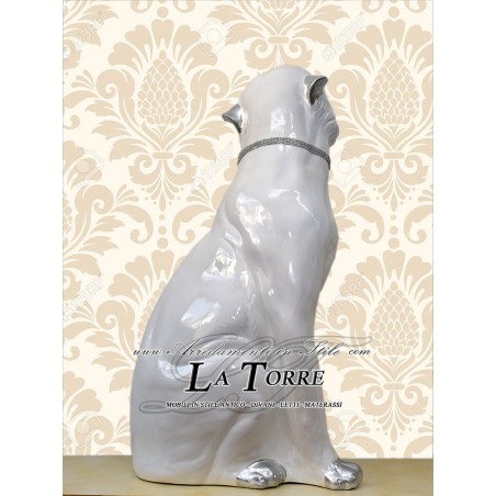 Keramik-Tierstatue, Tiger mit offenem Maul, weiß-silbernes Swarovski-Silber, H 90 cm, PR10
