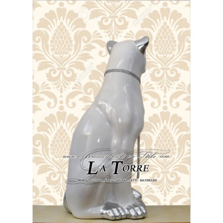 Animali in ceramica statua scultura Leonessa bocca chiusa bianco argento con swarovski H90cm PR11