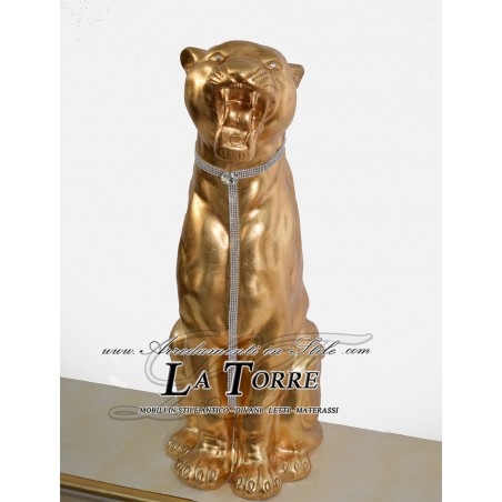 Keramik-Tierstatue, Skulptur, Panther, Leopard, Jaguar, Puma, Blattgold, Swarovski-Kristalle, H 80 cm, PR22