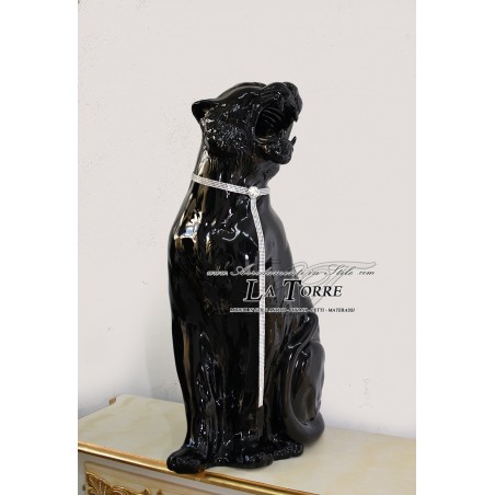 Keramik-Tierstatue, Tiger mit offenem Maul, schwarz, Swarovski-Kristall, H 90 cm, PR10