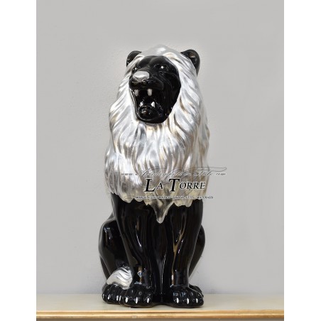 Keramische Tierstatue, Löwe mit offenem Maul, schwarzer Mähne, Silberblatt-Swarovski-Verzierung, Höhe 70 cm, PR13