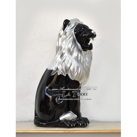 Keramische Tierstatue, Löwe mit offenem Maul, schwarzer Mähne, Silberblatt-Swarovski-Verzierung, Höhe 70 cm, PR13