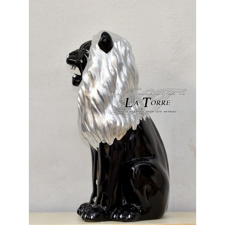 Keramische Tierstatue, Löwe mit offenem Maul, schwarzer Mähne, Silberblatt-Swarovski-Verzierung, Höhe 70 cm, PR13