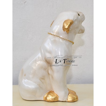 Tierfigur aus Keramik, Junges, Panther, Jaguar, Puma, perlmuttweiß, Blattgold, Swarovski-Kristalle, h30 PR08